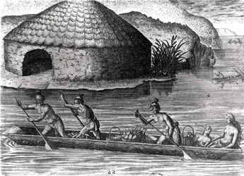 Florida-Indianer lagern ihre Ernte im öffentlichen Kornspeicher, aus 